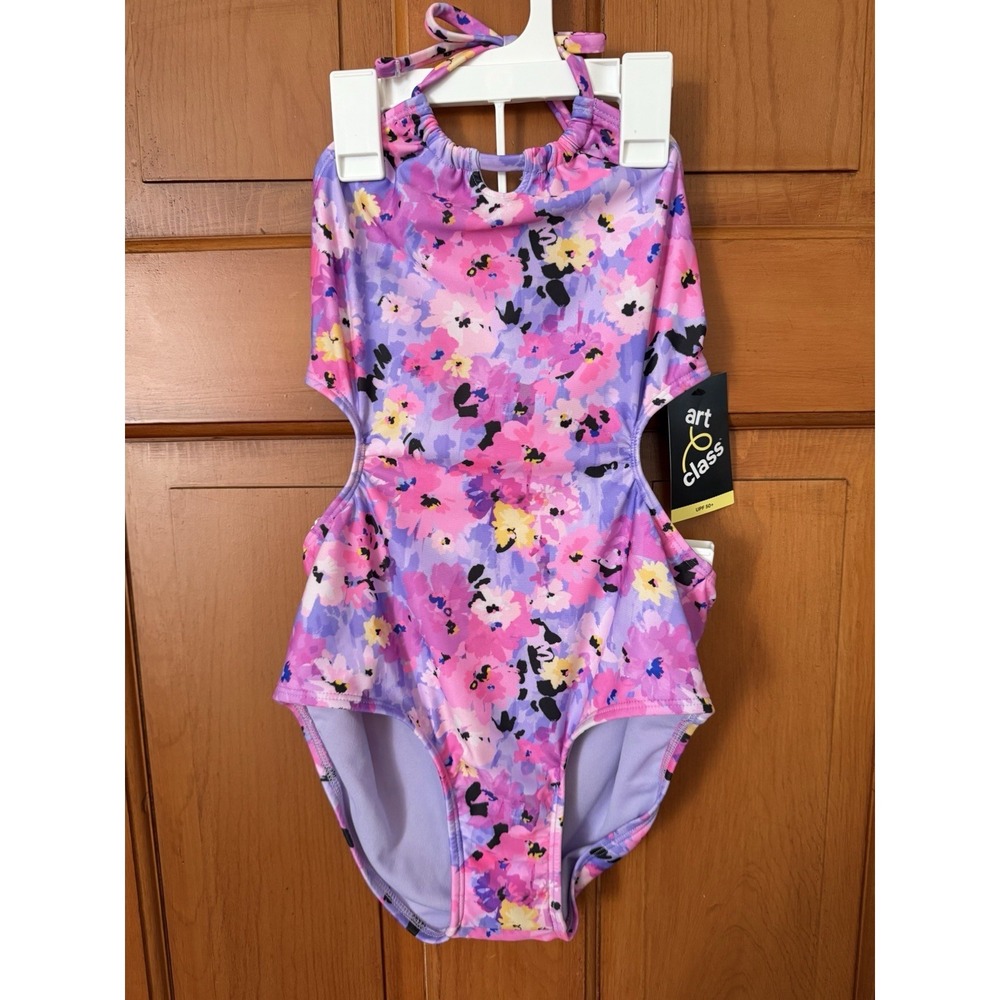 Girls' Art Class Pink & Purple Floral One Piece Bathing Suit Cutout Sides Large